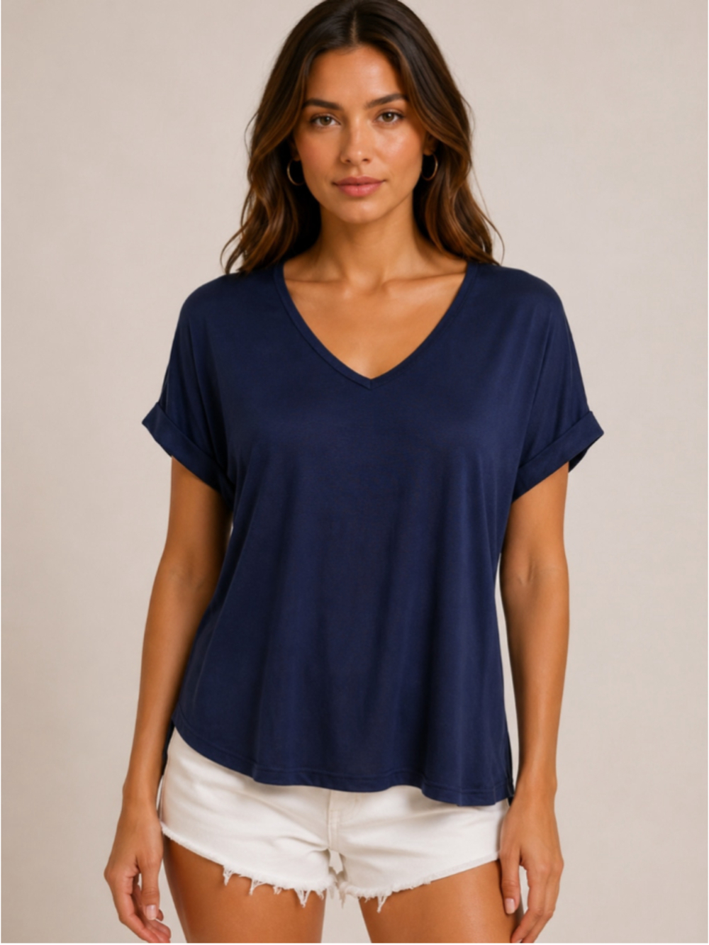 Brigitte Brianna Navy Blue V-Neck Oversized T-Shirt XL Made in USA